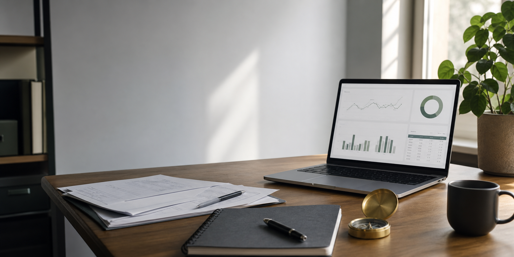 Revenue operations desk with dashboard and planning documents.